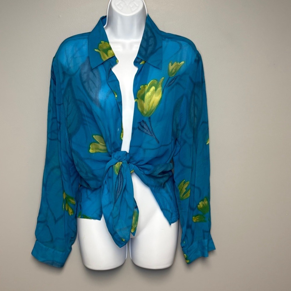 VTG 100% Silk Artsy Colorful Sheer Tropical Beachy Floral Button-Up Top Womens M